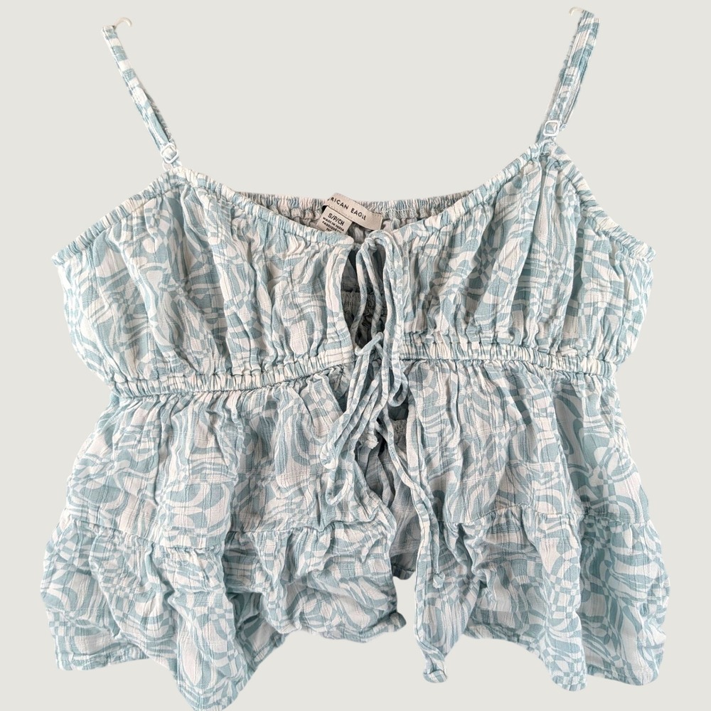American Eagle Womens S Blue White Tiered Ruffle Peplum Tie Front Cami Top
